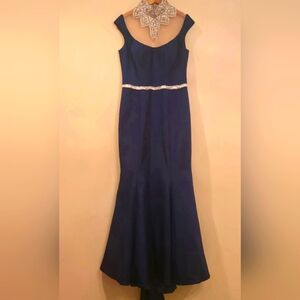 Tarik Ediz Navy Blue Evening Gown